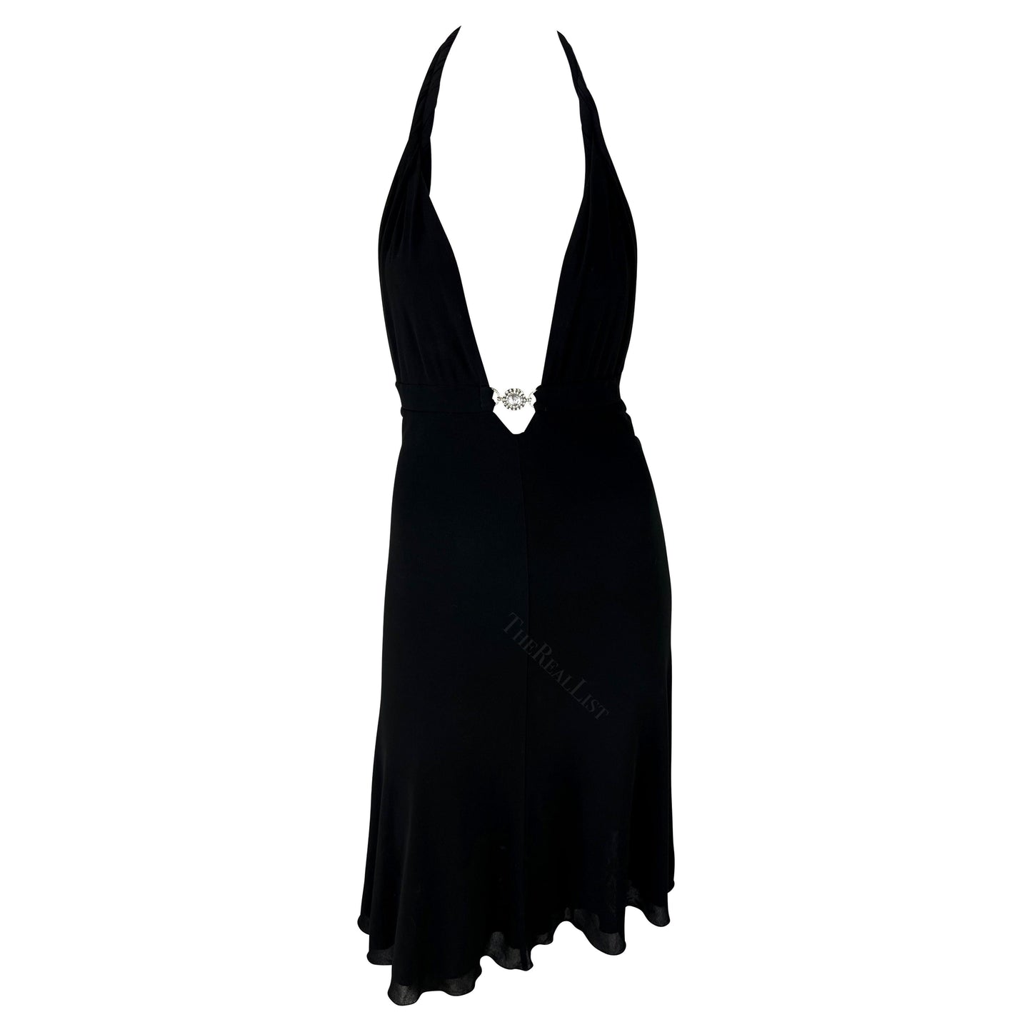 VERSACE 2006 BLACK HALTER BACKLESS MIDI DRESS