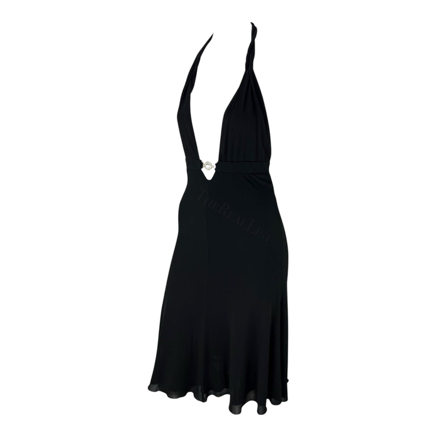 VERSACE 2006 BLACK HALTER BACKLESS MIDI DRESS