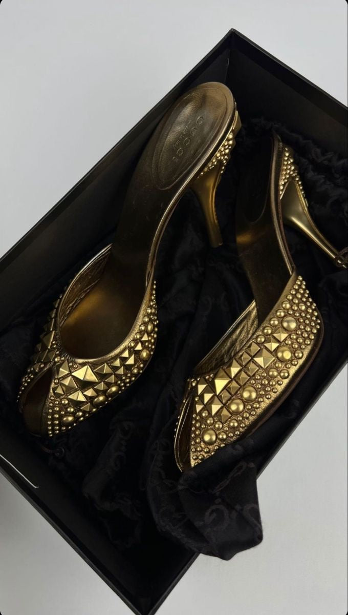 GUCCI BY TOMFORD METALLIC GOLD STUDDED MULES