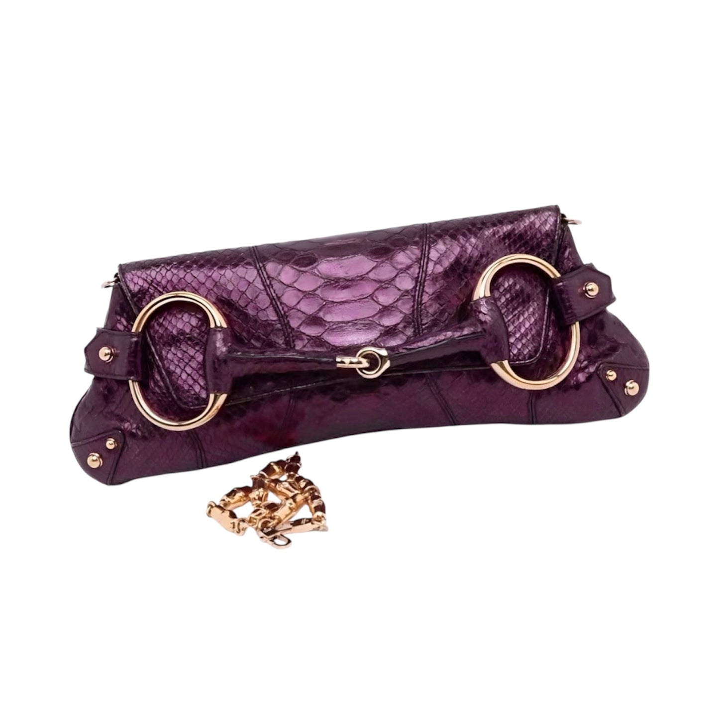 GUCCI BY TOM FORD 1955 HORSEBIT CLUTCH CHAIN BAG PURPLE METALLIC LIZARD LEATHER