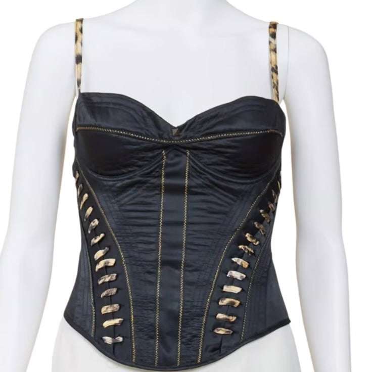 ROBERTO CAVALLI 2000S SATIN ANIMAL PRINT BLACK BUSTIER TOP