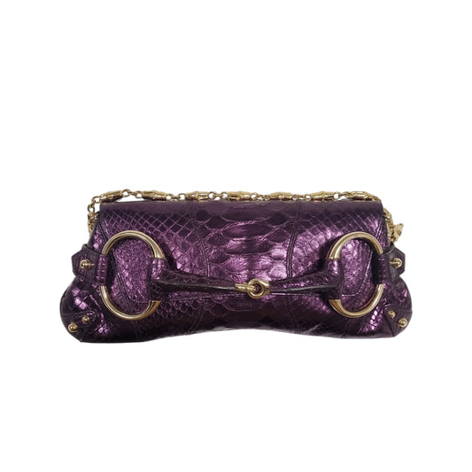 GUCCI BY TOM FORD 1955 HORSEBIT CLUTCH CHAIN BAG PURPLE METALLIC LIZARD LEATHER