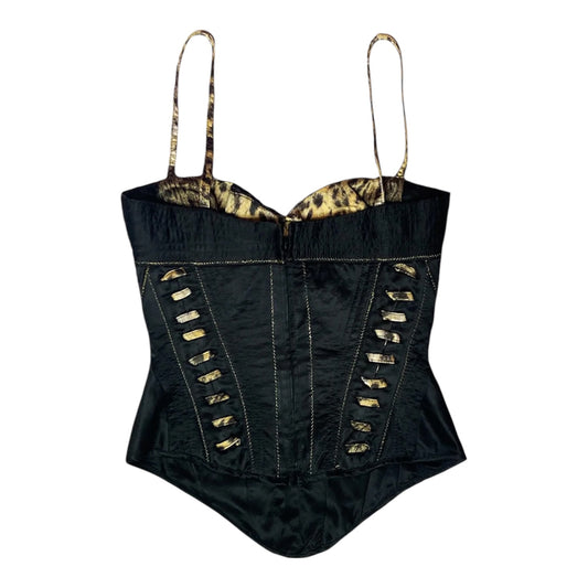 ROBERTO CAVALLI 2000S SATIN ANIMAL PRINT BLACK BUSTIER TOP