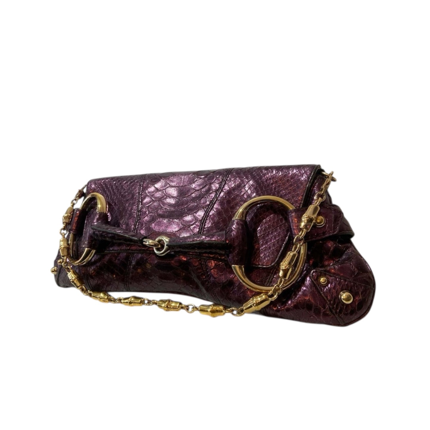 GUCCI BY TOM FORD 1955 HORSEBIT CLUTCH CHAIN BAG PURPLE METALLIC LIZARD LEATHER