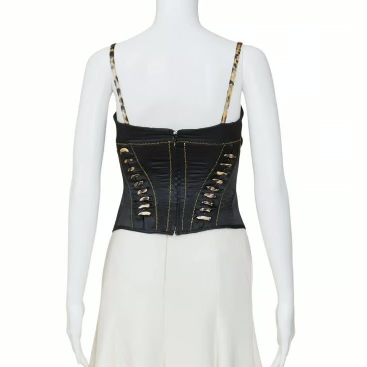 ROBERTO CAVALLI 2000S SATIN ANIMAL PRINT BLACK BUSTIER TOP