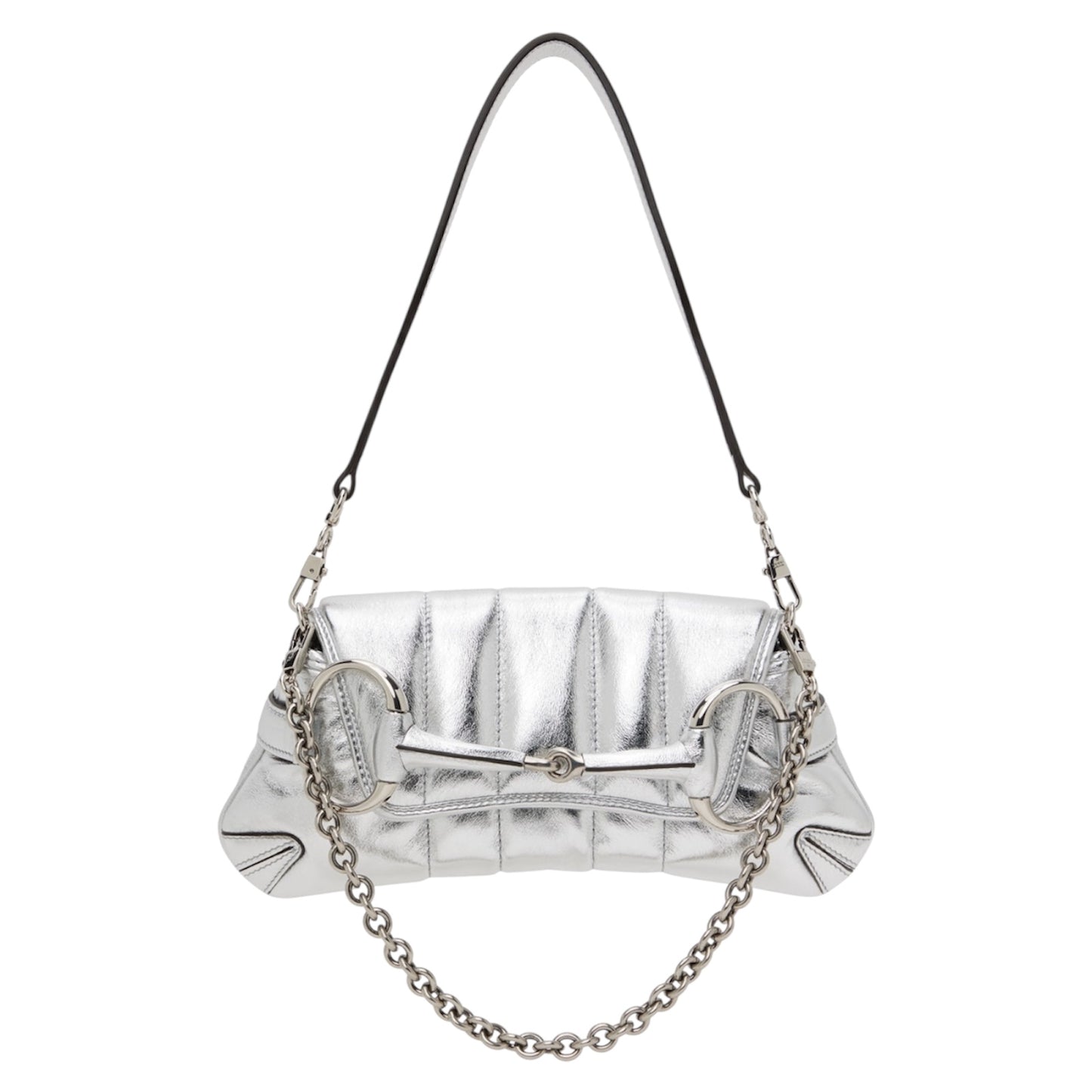 GUCCI BY TOM FORD METTALIC SILVER 1955 HORSEBIT SHOULDER CHAIN BAG