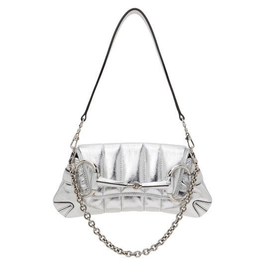 GUCCI BY TOM FORD METTALIC SILVER 1955 HORSEBIT SHOULDER CHAIN BAG