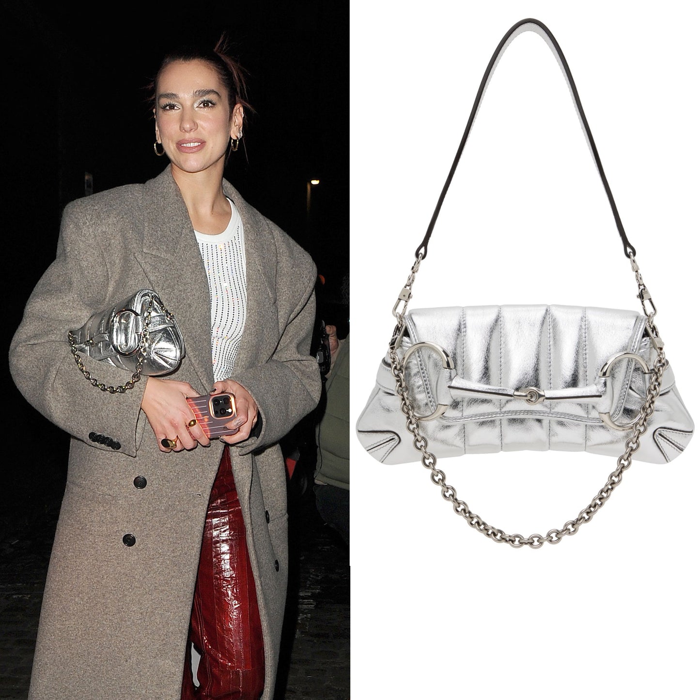 GUCCI BY TOM FORD METTALIC SILVER 1955 HORSEBIT SHOULDER CHAIN BAG