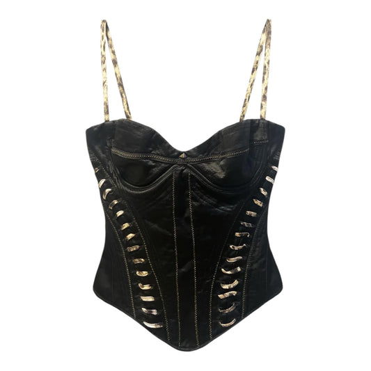 ROBERTO CAVALLI 2000S SATIN ANIMAL PRINT BLACK BUSTIER TOP