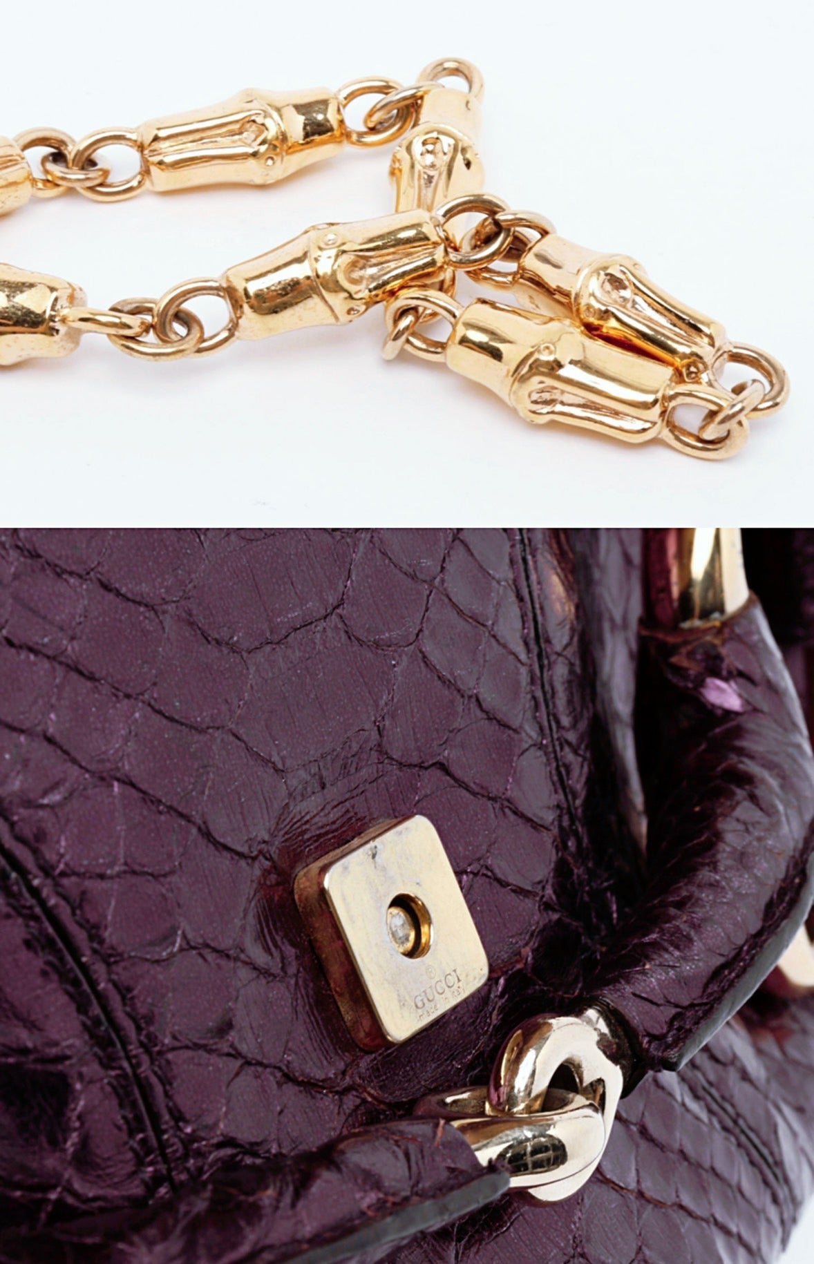GUCCI BY TOM FORD 1955 HORSEBIT CLUTCH CHAIN BAG PURPLE METALLIC LIZARD LEATHER